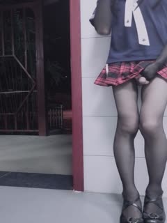 国产CD系列伪娘曦曦连身袜JK服女装 在大马路旁的公厕里自慰 海报